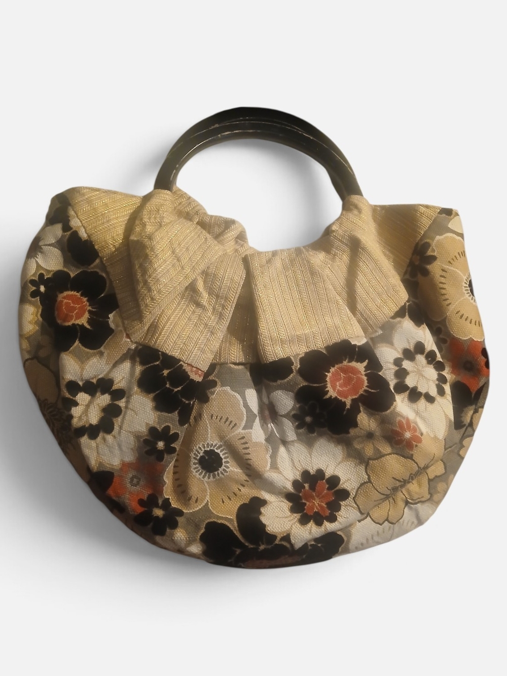 Vintage LISA LILL Boho Xl Floral Cotton Circle Tote in Beige and Brown